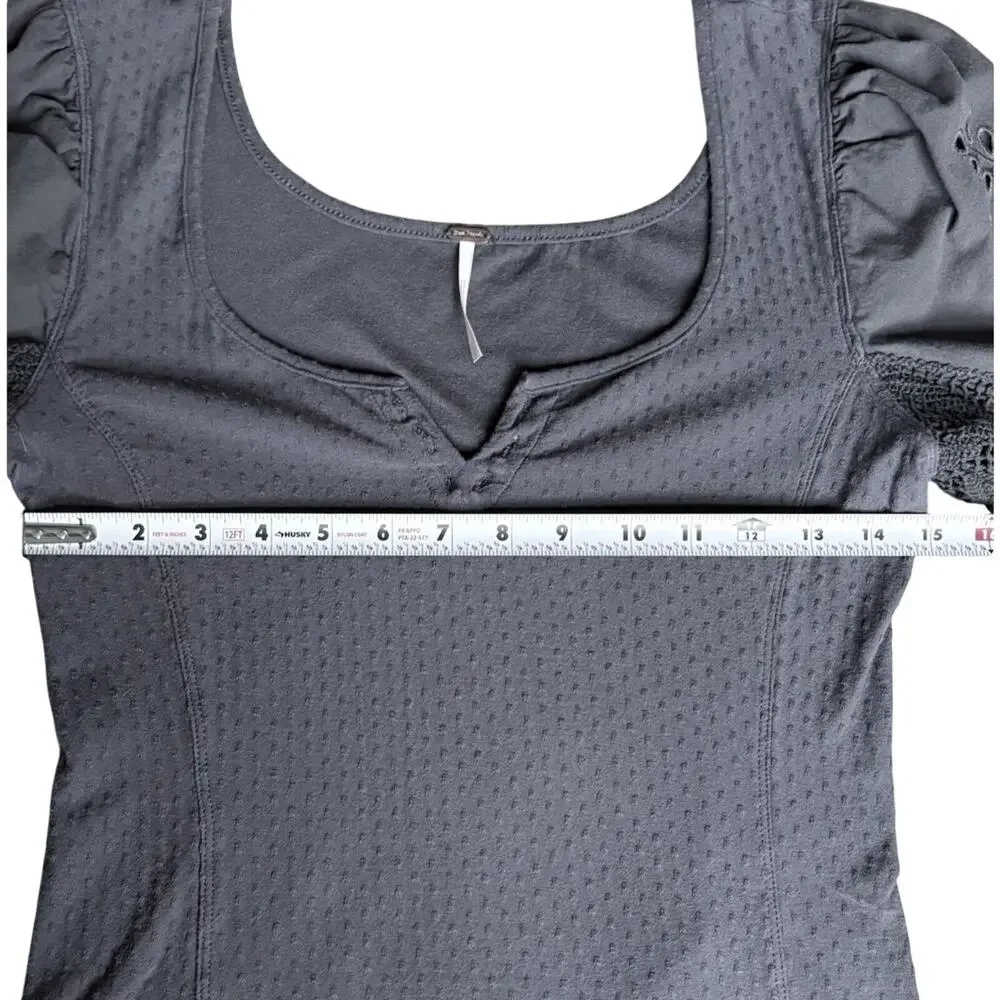 FREE PEOPLE Floral Lace Embroidered Swiss Dot Brunch Date Top Gray Romantic S